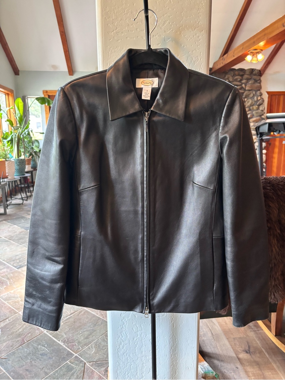 Talbots Black Genuine Leather Jacket Womens 4 Zip Front Collared